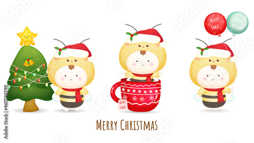 Cute baby wearing santa hat for merry christmas illustration set with different poses Premium Vector