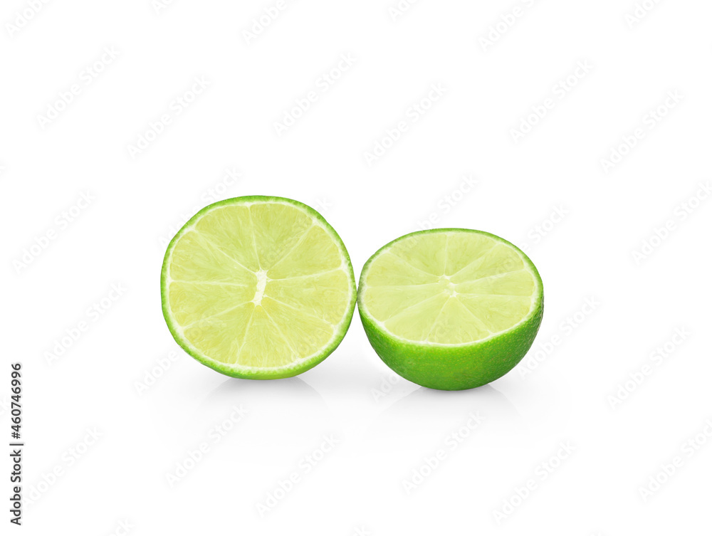 Half with slice of fresh green lime isolated on white background