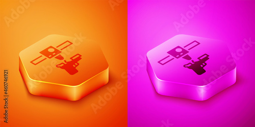 Isometric 3D printer gun icon isolated on orange and pink background. 3d printing. Hexagon button. Vector