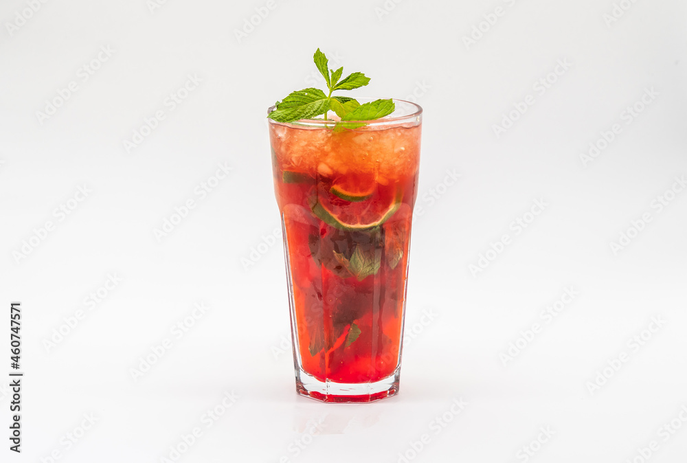 Summer Berry fruit iced tea with ice cubes against white background. Summer Berry fruit iced tea with ice cubes against white background.