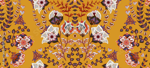Dense floral ornamental hand draw fantasy flowers pattern. Vector. Striped. Yellow