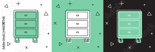 Set Archive papers drawer icon isolated on white and green, black background. Drawer with documents. File cabinet drawer. Office furniture. Vector