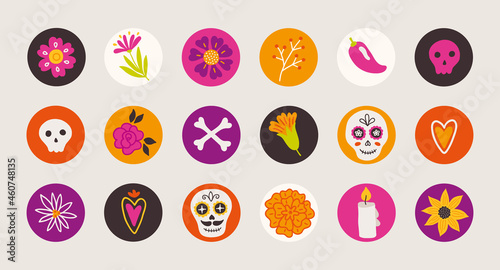 Day of the dead circle icons with flower, skull, bones
