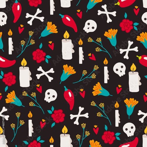 Day of the dead seamless pattern with marigold, candle, skull
