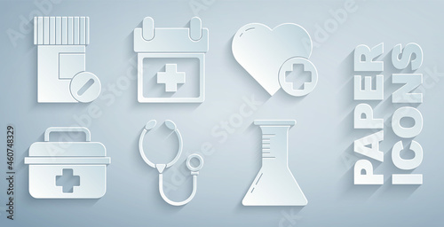 Set Stethoscope, Heart with a cross, First aid kit, Test tube and flask, Doctor appointment and Medicine bottle pills icon. Vector