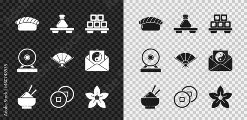 Set Sushi, Dumpling on cutting board, Rice bowl with chopstick, Chinese Yuan currency, Lotus flower, Gong and Paper chinese folding fan icon. Vector