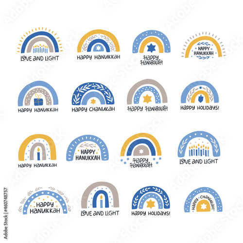 Hanukkah vector celebration typography. Traditional jewish holiday phrases collection. Love, light, latkes quote. Chanukah wishes isolated on white. Festive rainbow, candle, dreidel, menorah