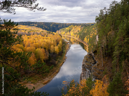 Fototapeta Naklejka Na Ścianę i Meble -  Chusovaya River with rocky shores in autumn, Ural, Russia