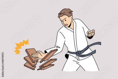 Oriental fights and war art concept. Young man in white kimono standing making push with hand breaking woods feeling strong confident vector illustration 