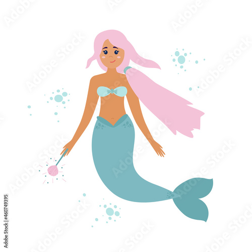 A fairy mermaid, a sorceress, a beautiful sweet girl with a fish tail instead of legs and pink hair. Vector marine illustration isolated on a white background.