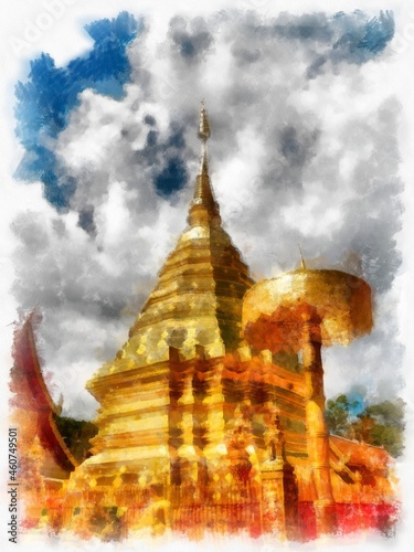 Wat Doi Suthep temple Chiang Mai Thailand watercolor style illustration impressionist painting.