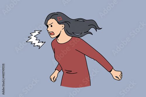Feeling angry and aggressive concept. Young angry rage furious woman cartoon character standing shouting screaming feeling aggression vector illustration 