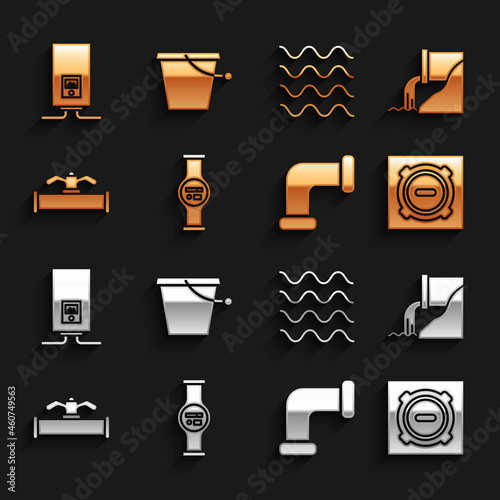 Set Water meter, Wastewater, Manhole sewer cover, Industry metallic pipe, and valve, Wave, Gas boiler with burning fire and Bucket icon. Vector