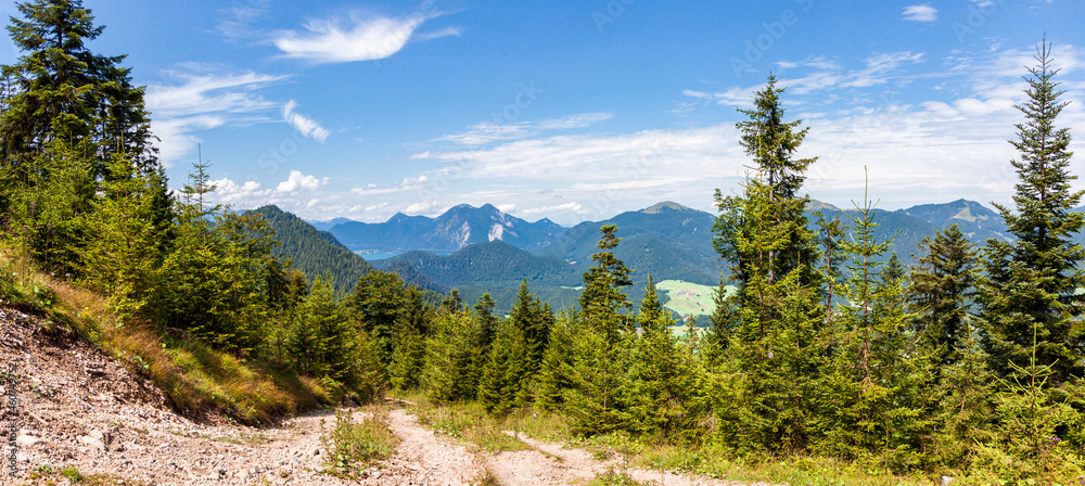Panoramic Aerial view of Alp Lake Walchensee and the alpine Hut - Staffel. Bavarian Prealps in Germany, Europe. view from the Mountain Staffel over the Lake Walchensee Panoramic Aerial view of Alp Lake Walchensee and the alpine Hut - Staffel. Bavarian Prealps in Germany, Europe. view from the Mountain Staffel over the Lake Walchensee