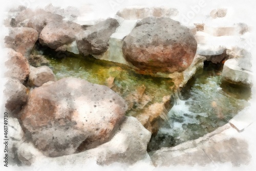 Stream and rocks watercolor style illustration impressionist painting.