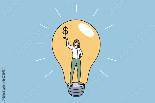 Idea, creativity and profit concept. Young smiling business woman standing inside of light bulb holding dollar sign on raised hand vector illustration 
