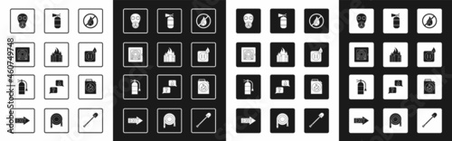 Set No fire, Fire in burning buildings, hose cabinet, Gas mask, Electric wiring of socket, extinguisher, Canister for flammable liquids and icon. Vector