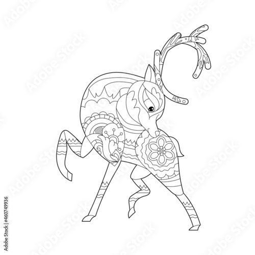 Cute reindeer. Doodle style, black and white background. Funny animal, coloring book pages. Hand drawn illustration in zentangle style for children and adults, tattoo.