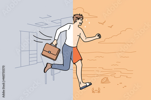 Waiting for vacations and rest concept. Young smiling business man half wearing official suit in office half running to beach in swimwear vector illustration 