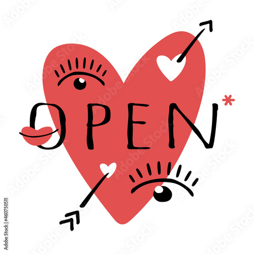 Vector heart with arrow, eyes and lips isolated on white background. Signboard Open on the door of a sex shop or a banner on the website. An invitation to come inside for buyers. Opening message.