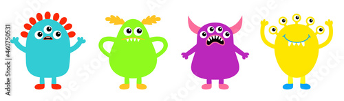 Monster icon set line banner. Happy Halloween. Kawaii cute cartoon baby character. Funny face head body colorful silhouette. Hands up, horn, eyes fang teeth tongue. Flat design. White background.
