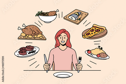 Food and nutriment choice concept. Young smiling woman cartoon character sitting at table ready to eat and choose between various calorie dishes vector illustration 