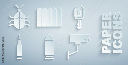 Set Bullet, Car key with remote, Security camera, Garden fence wooden and System bug concept icon. Vector