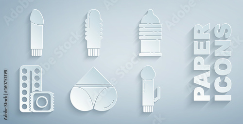 Set Woman panties, Condom safe sex, Birth control pills and condom, Dildo vibrator, and icon. Vector