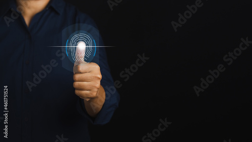 Fingerprint scan provides security access with biometrics identification. Space for text. Business technology security and safety internet concept