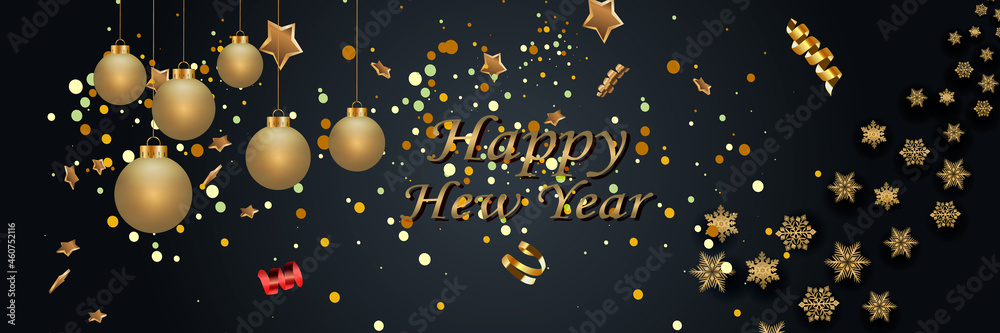 Naklejka premium Layout Happy New Year golden and black color space for text Christmas balls, and snowflakes. Golden bokeh, light and ribbons. Vector illustration