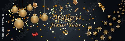 Layout Happy New Year golden and black color space for text Christmas balls, and snowflakes. Golden bokeh, light and ribbons. Vector illustration