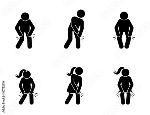 Stick figure man and woman with knee pain icon vector set. Sick stickman having problem with kneecap painful, aching movements pictogram on white background photo