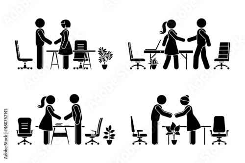 Stick figure business men and women at meeting, negotiation, good deal vector icon set. Stickman office workers handshaking, talking pictogram on white background