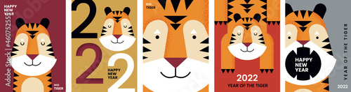 2022. Happy Year of the tiger. Set of vector  illustrations for poster, banner, postcard or cover.	