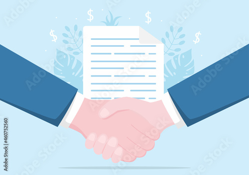 Two Businessmen Reach a Deal or Agreement Shaking Hands on Cooperation Contract as Successful Partners. Background Vector Illustration