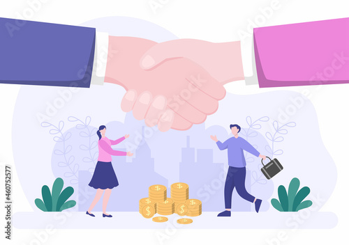 Two Businessmen Reach a Deal or Agreement Shaking Hands on Cooperation Contract as Successful Partners. Background Vector Illustration