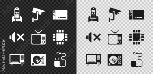 Set Telephone, Security camera, Graphic tablet, Microwave oven, Vinyl player, Charger, Speaker mute and Retro tv icon. Vector