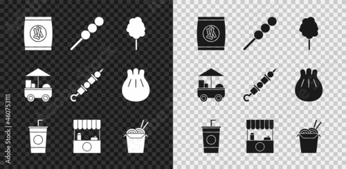 Set Hard bread chucks crackers, Cotton candy, Paper glass with straw, Street stall awning, Asian noodles chopsticks, Fast street food cart and Grilled shish kebab icon. Vector