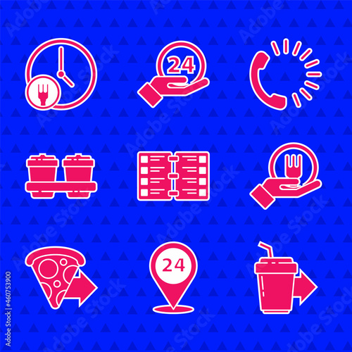Set Restaurant cafe menu, Round the clock delivery, Coffee cup to go, Online ordering and, pizza, Food and icon. Vector