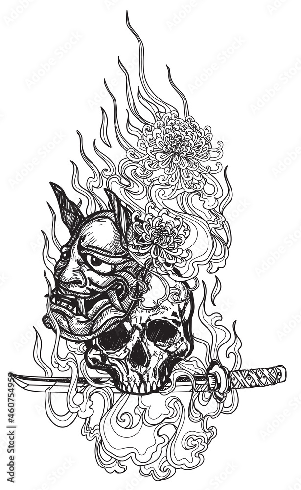 Fototapeta premium Tattoo art thai giant and devil mask flower pattern literature hand drawing sketch