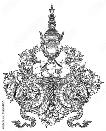 Tattoo art thai snake and giant pattern literature hand drawing sketch