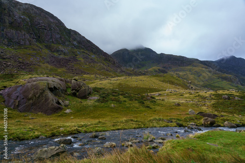 runoff water in Pen-y-Pass, a mountain pass in Snowdonia, Gwynedd, north-west Wales.