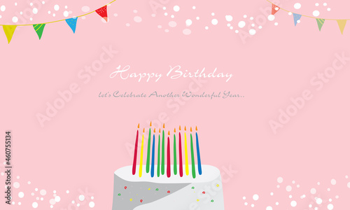Cute birthday card with cake and candle icon element design for party invitation Light pink background, hand drawn, congratulations. vector illustration.