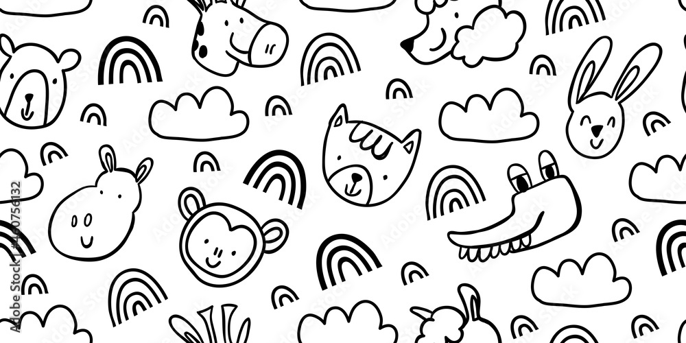 Vector seamless pattern with cute animal faces - bear, crocodile, giraffe, lama, hippo, monkey, cat, rabbit black and white with rainbows, clouds. childish seamless pattern for boys and girls