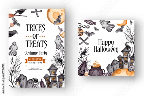 happy Halloween background, and party invitation flyer template with horror symbols pumpkin bones skull Halloween background