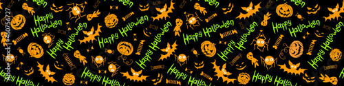 Happy Halloween-seamless pattern of traditional holiday symbols-pumpkin, Jack lantern, zombie, bat, spider, candies. Funny texture for greeting card, invitation, party poster, wrapping paper.
