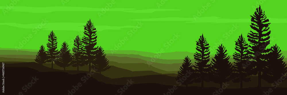 green mountain forest scenery vector illustration good for wallpaper, background, banner, web background, desktop wallpaper, tourism design, and desig template
