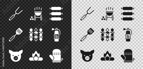 Set Barbecue fork, grill, Sausage, Pig, Campfire, Oven glove, Spatula and Grilled shish kebab icon. Vector