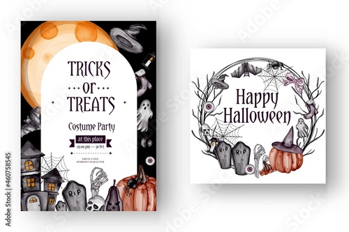 happy Halloween background, and party invitation flyer template with horror symbols pumpkin bones skull Halloween background