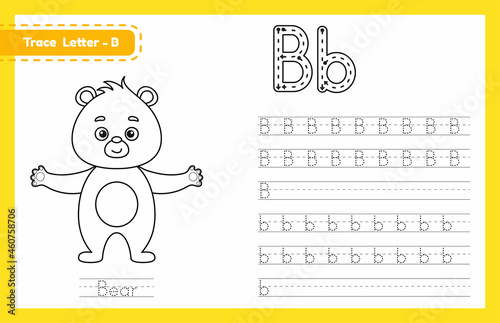 Trace letter B uppercase and lowercase. Alphabet tracing practice preschool worksheet for kids learning English with cute cartoon animal. Coloring book for Pre K, kindergarten. Vector illustration